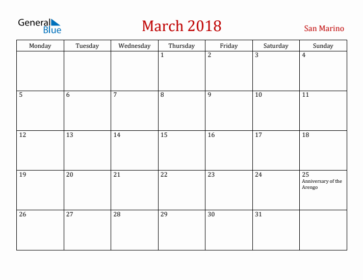 San Marino March 2018 Calendar - Monday Start