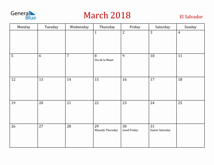 El Salvador March 2018 Calendar - Monday Start