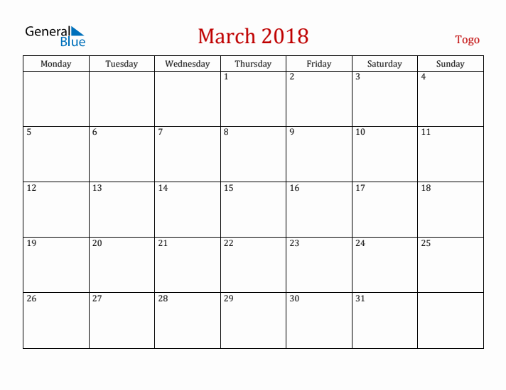 Togo March 2018 Calendar - Monday Start