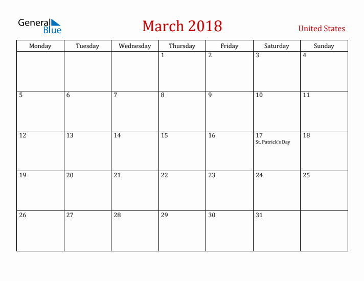 United States March 2018 Calendar - Monday Start