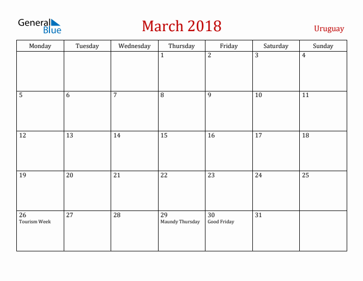 Uruguay March 2018 Calendar - Monday Start