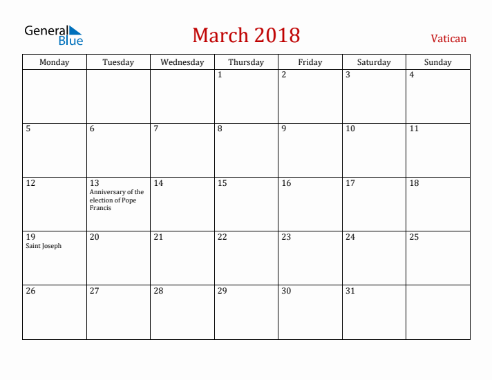 Vatican March 2018 Calendar - Monday Start