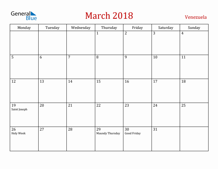 Venezuela March 2018 Calendar - Monday Start