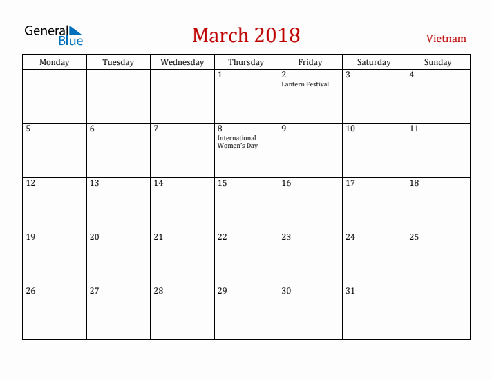 Vietnam March 2018 Calendar - Monday Start