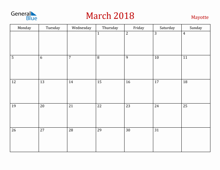 Mayotte March 2018 Calendar - Monday Start
