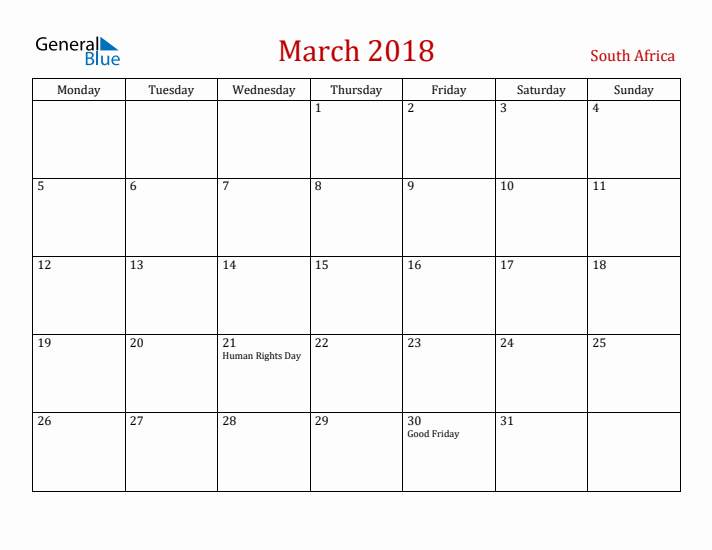South Africa March 2018 Calendar - Monday Start
