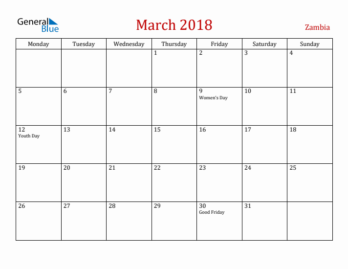 Zambia March 2018 Calendar - Monday Start