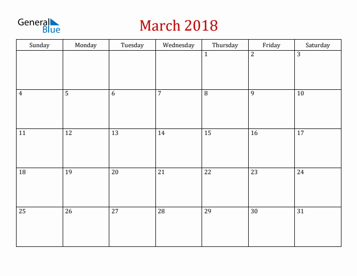 Blank March 2018 Calendar with Sunday Start