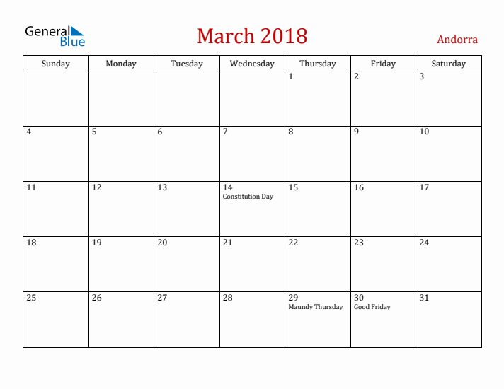 Andorra March 2018 Calendar - Sunday Start