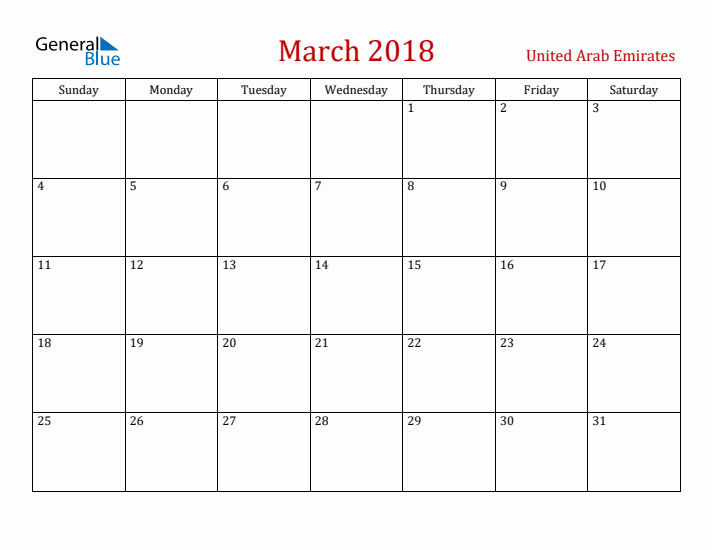 United Arab Emirates March 2018 Calendar - Sunday Start