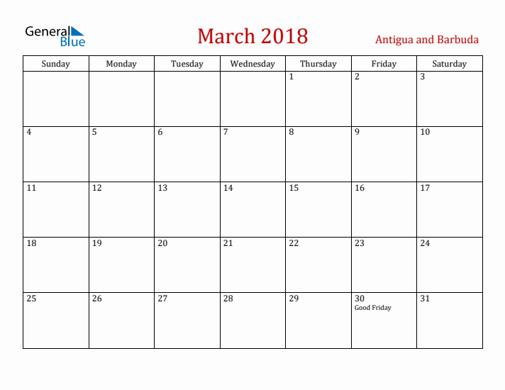 Antigua and Barbuda March 2018 Calendar - Sunday Start