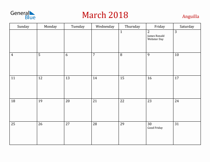 Anguilla March 2018 Calendar - Sunday Start