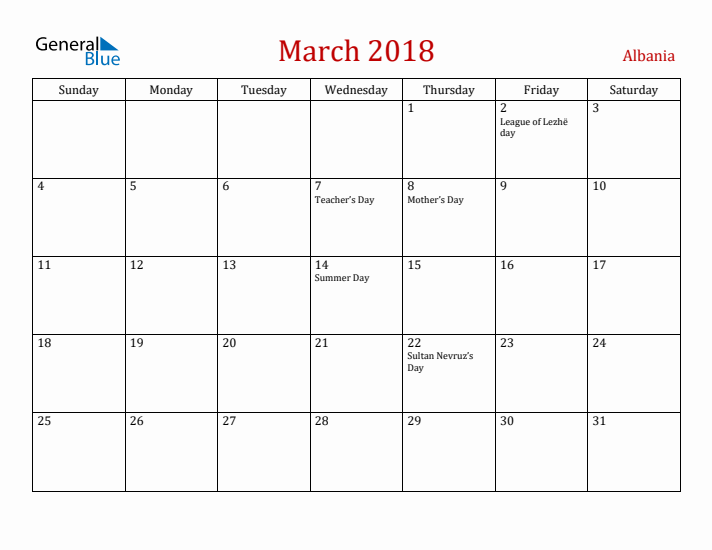 Albania March 2018 Calendar - Sunday Start
