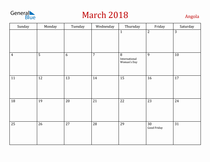 Angola March 2018 Calendar - Sunday Start