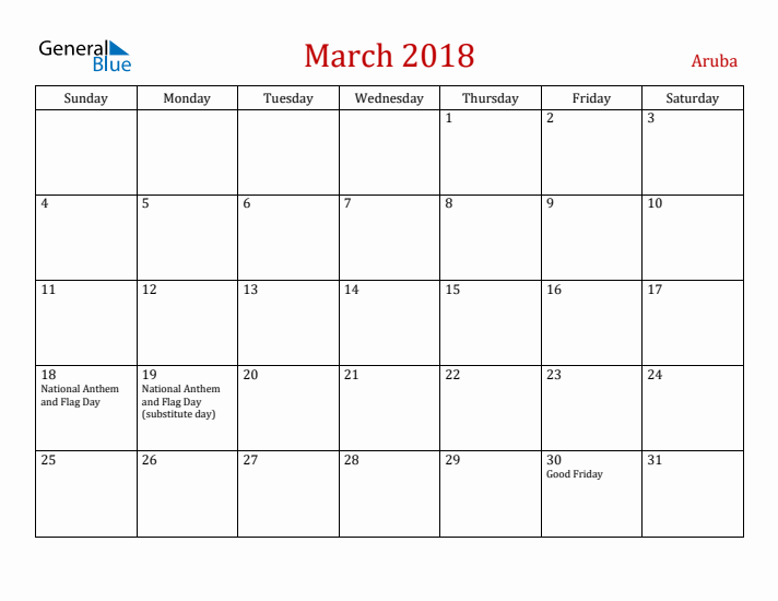 Aruba March 2018 Calendar - Sunday Start