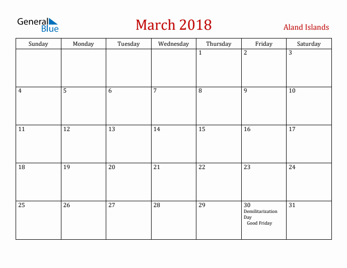 Aland Islands March 2018 Calendar - Sunday Start