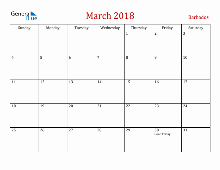 Barbados March 2018 Calendar - Sunday Start