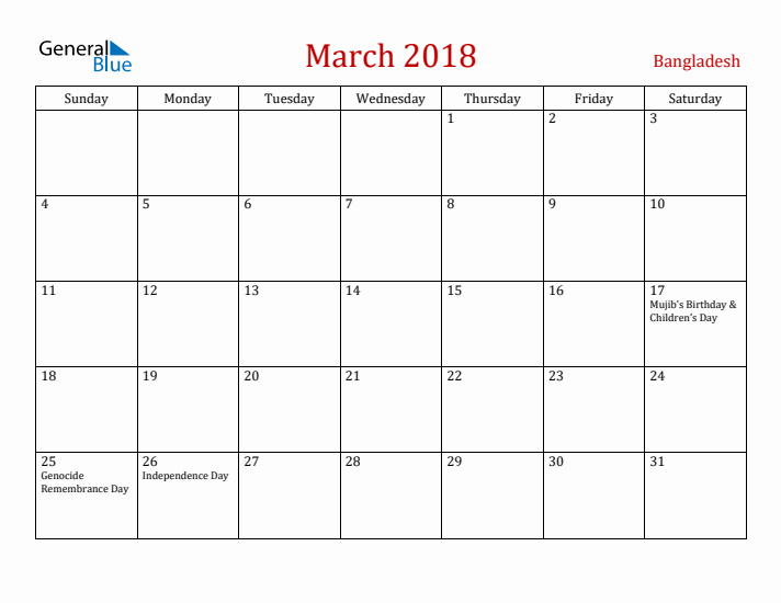 Bangladesh March 2018 Calendar - Sunday Start