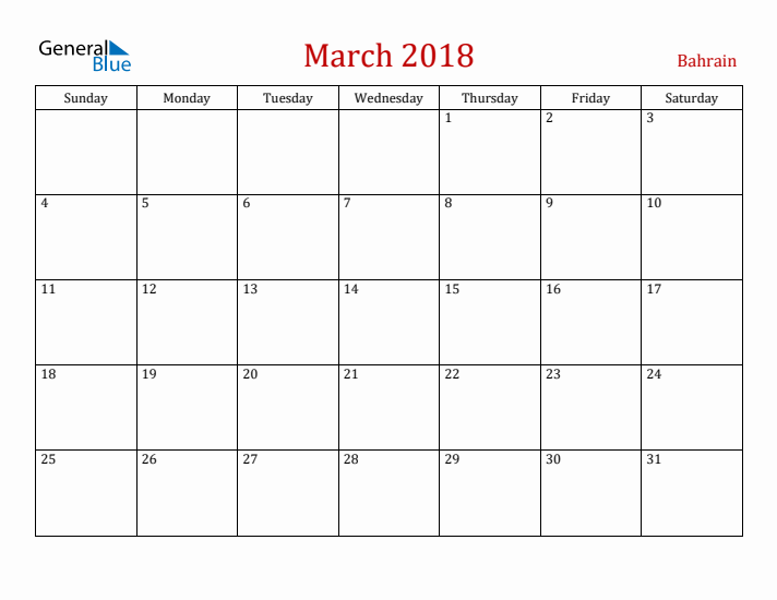 Bahrain March 2018 Calendar - Sunday Start