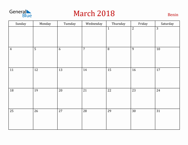 Benin March 2018 Calendar - Sunday Start