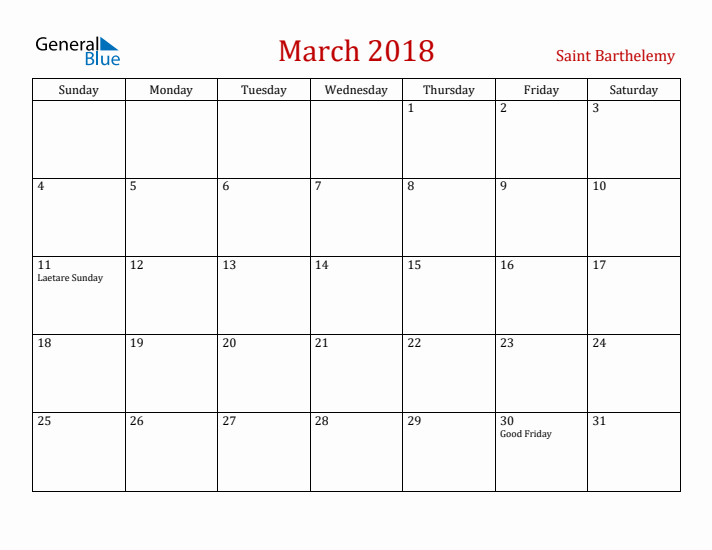 Saint Barthelemy March 2018 Calendar - Sunday Start