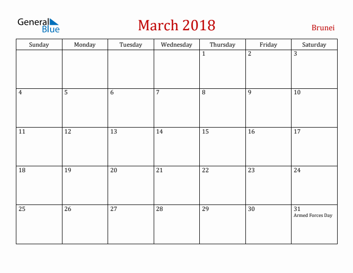 Brunei March 2018 Calendar - Sunday Start