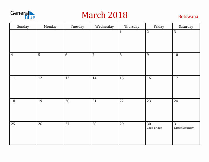 Botswana March 2018 Calendar - Sunday Start