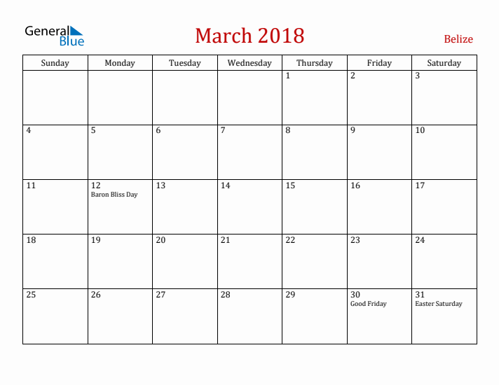 Belize March 2018 Calendar - Sunday Start