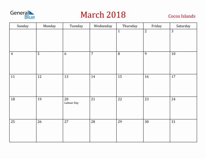 Cocos Islands March 2018 Calendar - Sunday Start
