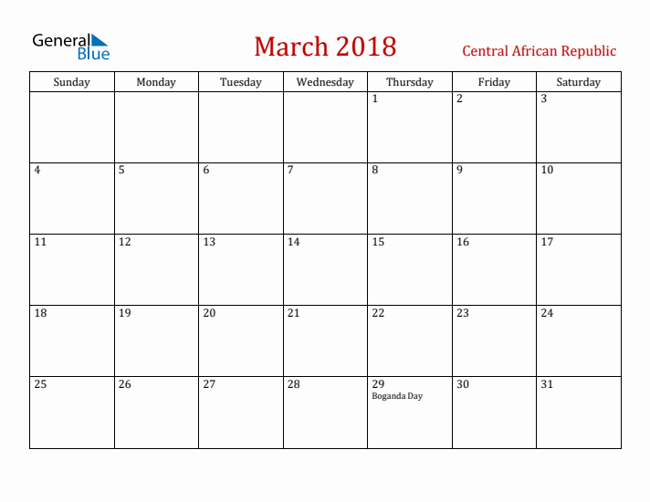 Central African Republic March 2018 Calendar - Sunday Start