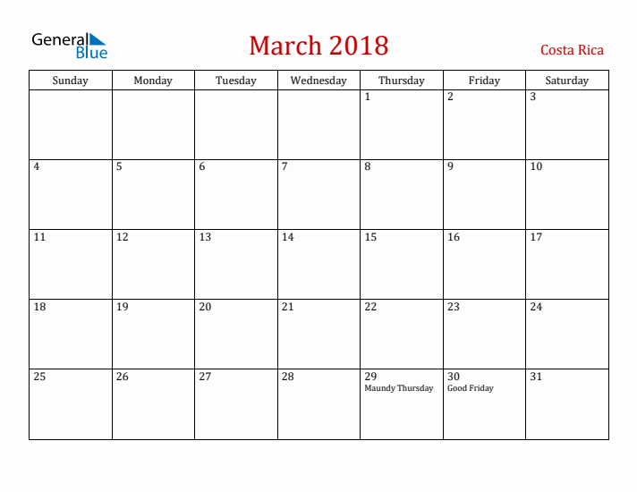 Costa Rica March 2018 Calendar - Sunday Start