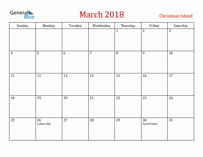 Christmas Island March 2018 Calendar - Sunday Start