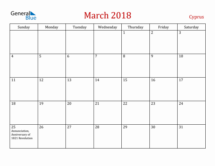 Cyprus March 2018 Calendar - Sunday Start