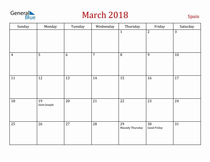 Spain March 2018 Calendar - Sunday Start