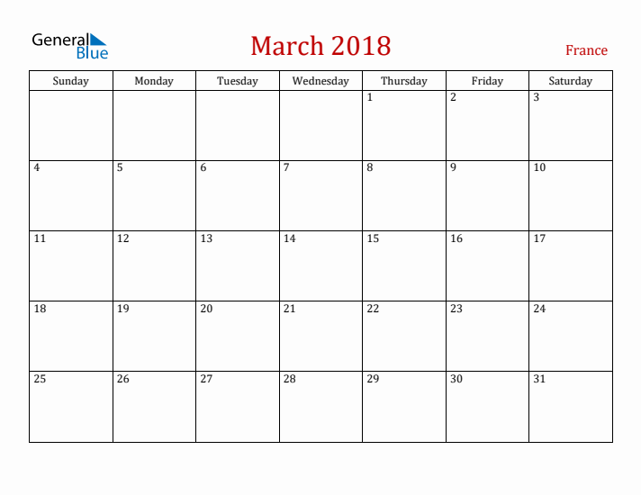 France March 2018 Calendar - Sunday Start