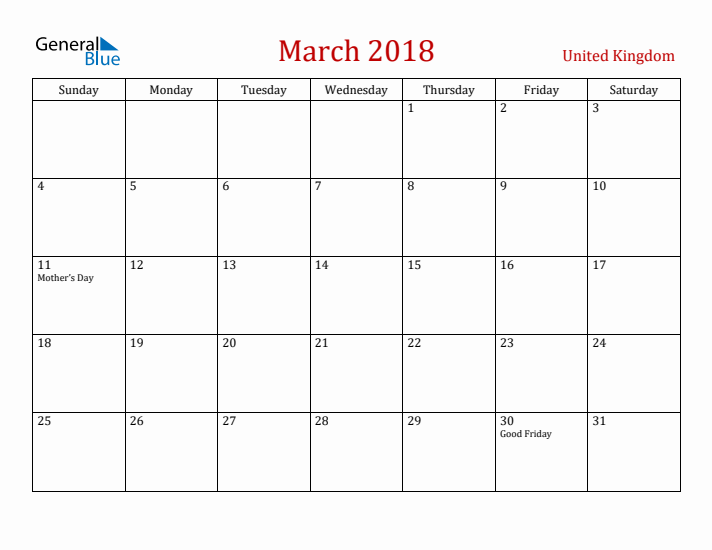 United Kingdom March 2018 Calendar - Sunday Start