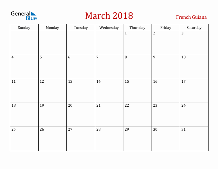 French Guiana March 2018 Calendar - Sunday Start