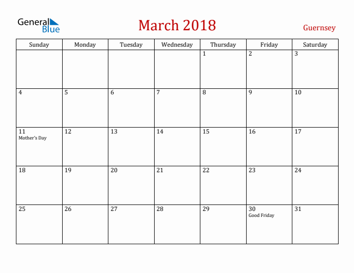 Guernsey March 2018 Calendar - Sunday Start
