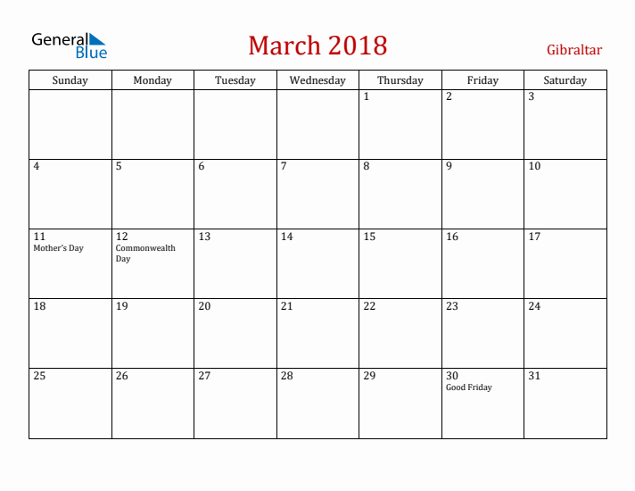 Gibraltar March 2018 Calendar - Sunday Start