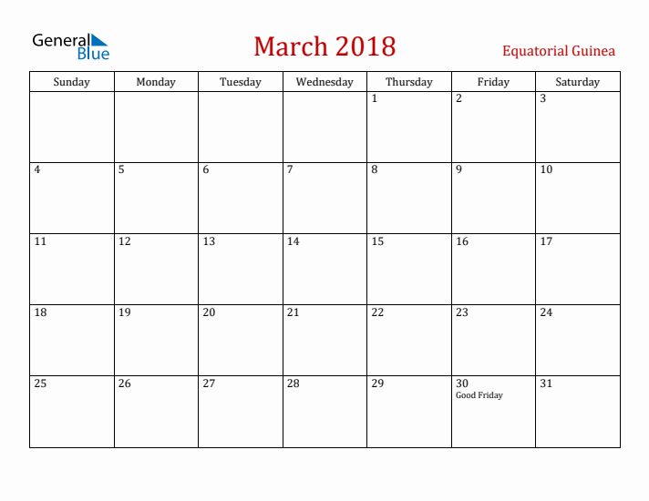 Equatorial Guinea March 2018 Calendar - Sunday Start