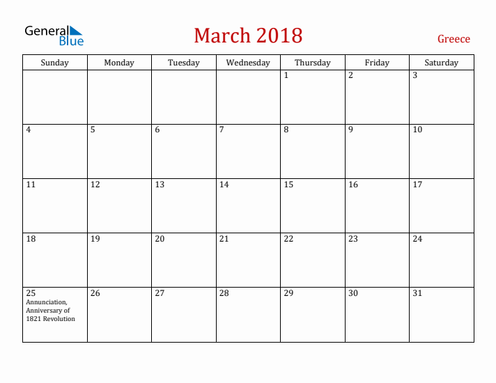 Greece March 2018 Calendar - Sunday Start