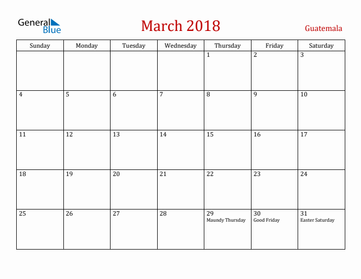Guatemala March 2018 Calendar - Sunday Start
