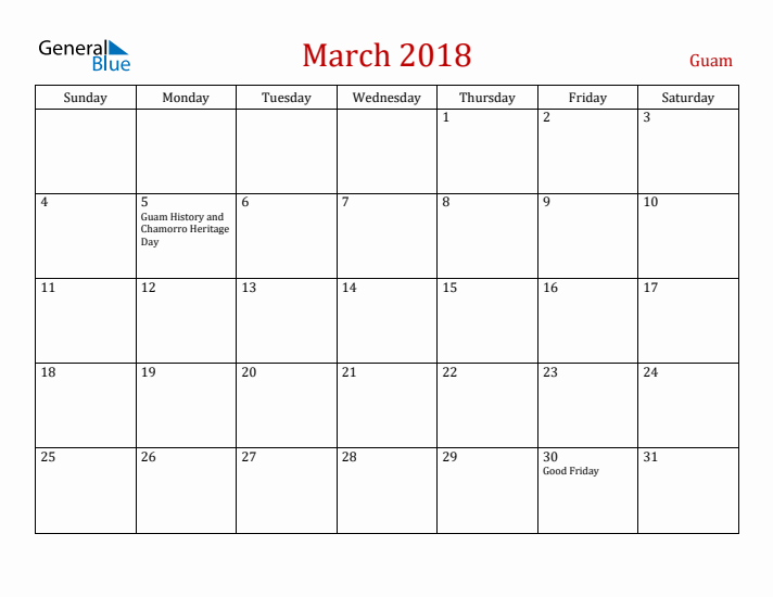 Guam March 2018 Calendar - Sunday Start