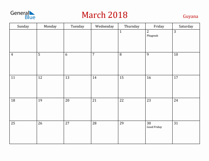 Guyana March 2018 Calendar - Sunday Start