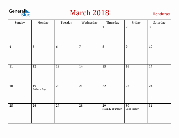 Honduras March 2018 Calendar - Sunday Start