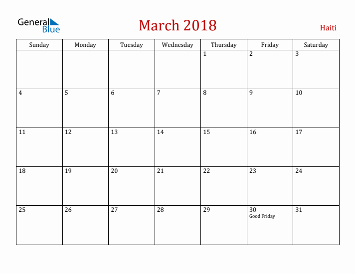 Haiti March 2018 Calendar - Sunday Start