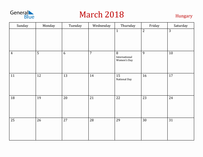 Hungary March 2018 Calendar - Sunday Start