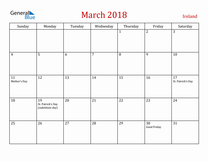 Ireland March 2018 Calendar - Sunday Start