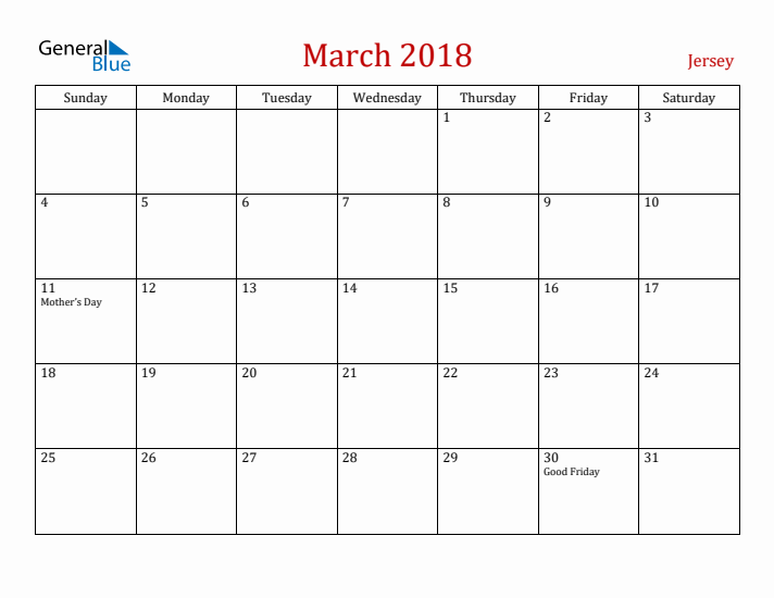 Jersey March 2018 Calendar - Sunday Start