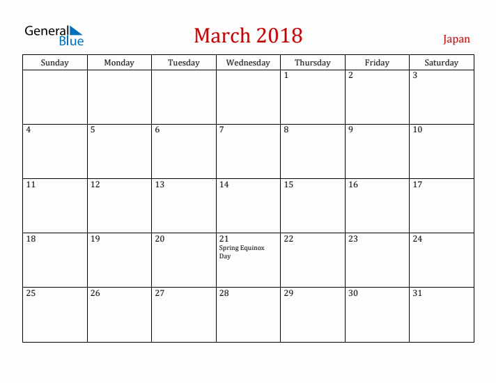 Japan March 2018 Calendar - Sunday Start